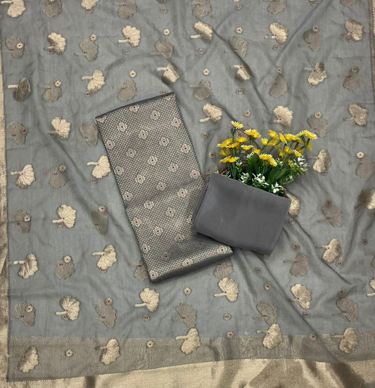 CKC 324 Brocade Banarasi Crepe Grey Suit Fabric / CKC Banarasi Edit