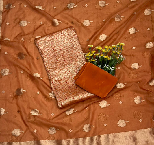 CKC 364 Brocade Banarasi Crepe Rust Orange Suit Fabric / CKC Banarasi Edit