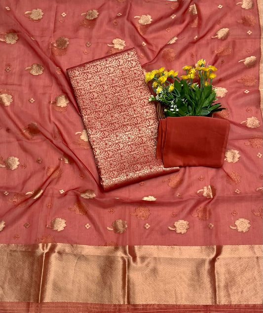 CKC 359 Brocade Banarasi Crepe Rust Red Suit Fabric / CKC Banarasi Edit