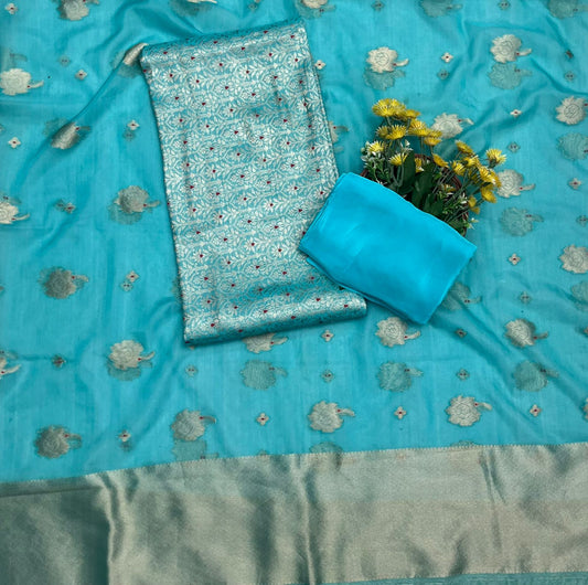 CKC 358 Brocade Banarasi Crepe Blue Suit Fabric / CKC Banarasi Edit