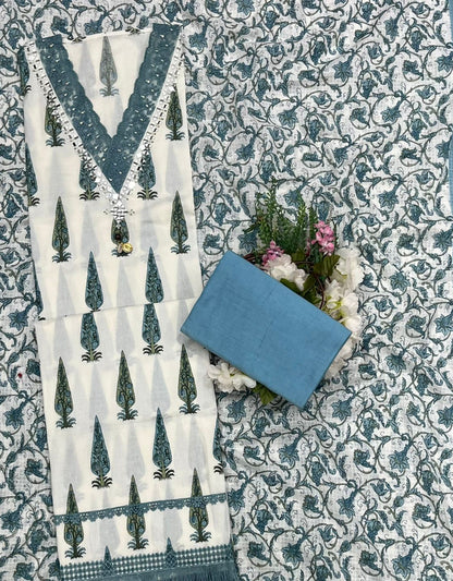 21 Cotton White With Light Teal Blue Suit Fabric / CKC Cotton Bazaar