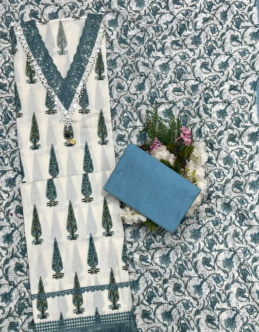CKC 21 Cotton White With Light Teal Blue Suit Fabric / CKC Cotton Bazaar