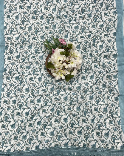 21 Cotton White With Light Teal Blue Suit Fabric / CKC Cotton Bazaar