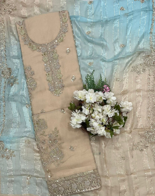 Shimmer Organza Beige With Blue Suit Fabric/ CKC Partywear Collection