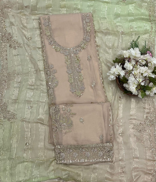 Shimmer Organza Beige With Green Suit Fabric/ CKC Partywear Collection