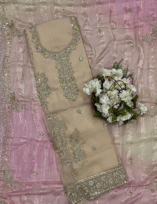 Shimmer Organza Beige With Pink Suit Fabric/ CKC Partywear Collection