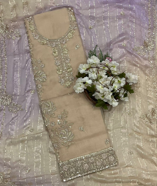 Shimmer Organza Beige With Purple Suit Fabric/ CKC Partywear Collection