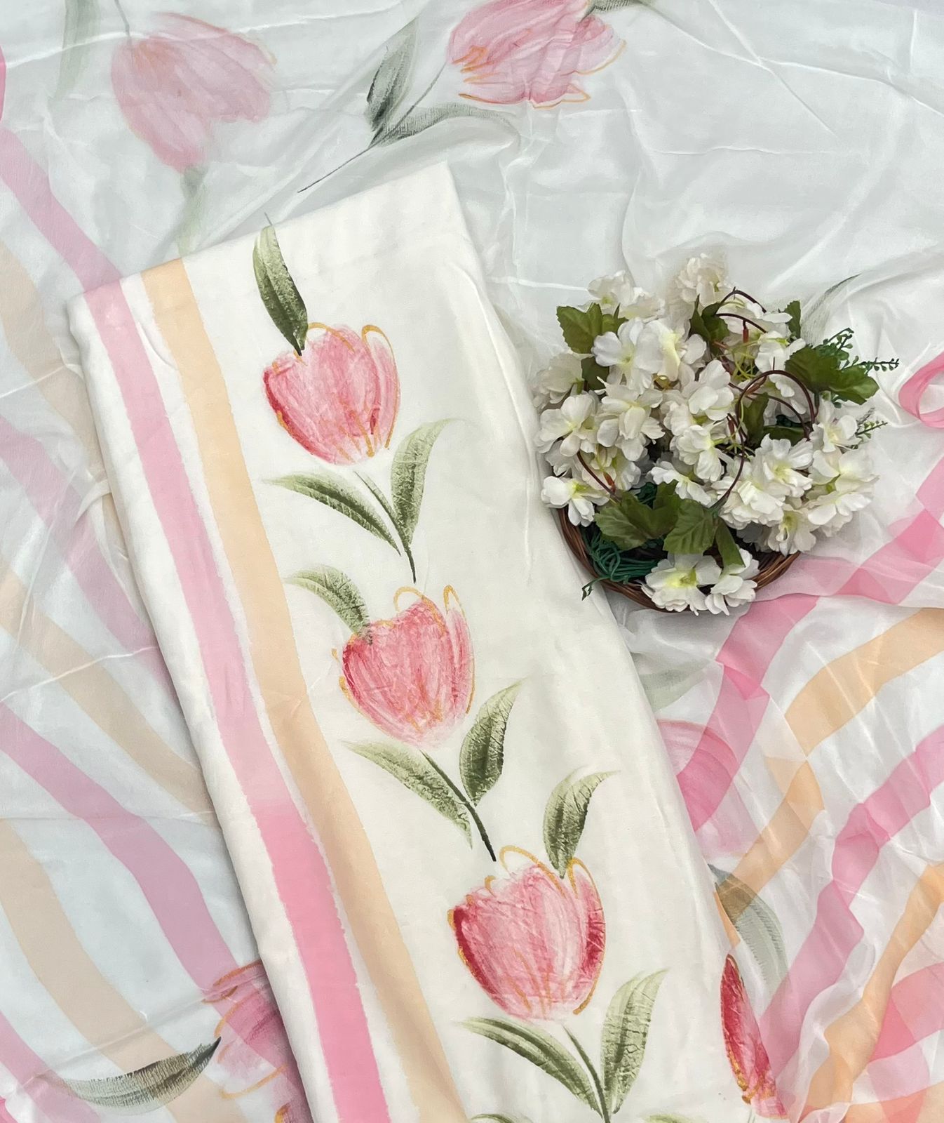CKC 645 Mul Chanderi Off White With Peach Suit Fabric/ CKC Hand Painted Suits