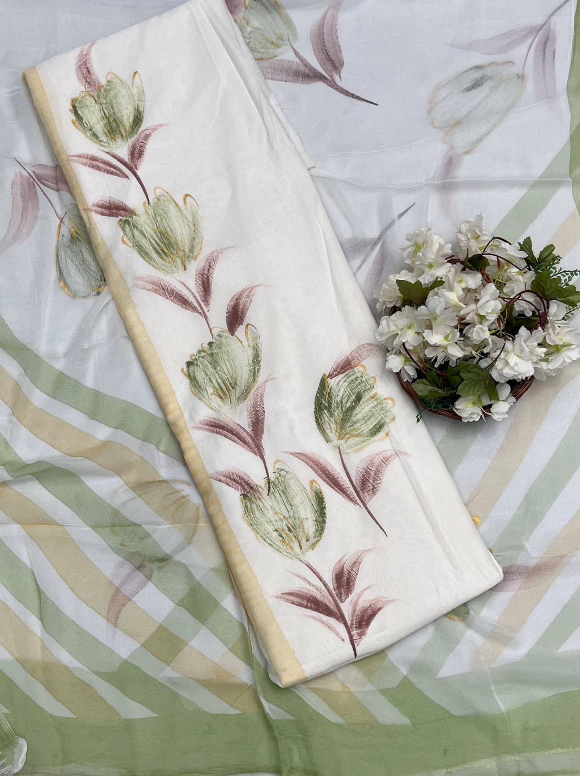 CKC 640 Mul Chanderi Off White With Green Suit Fabric/ CKC Hand Painted Suits
