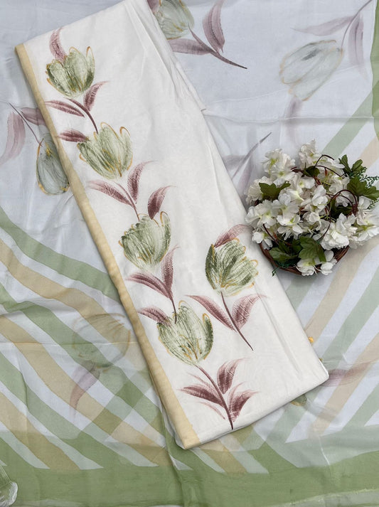 CKC 640 Mul Chanderi Off White With Green Suit Fabric/ CKC Hand Painted Suits