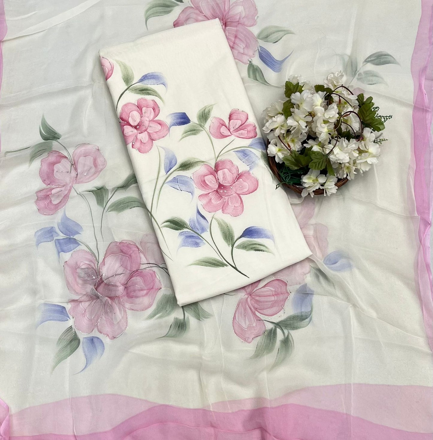 14 Mul Chanderi Off White With Pink Suit Fabric/ CKC Hand Painted Suits