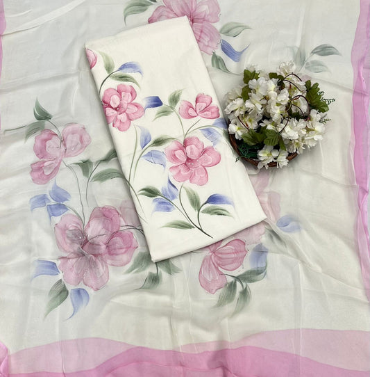 CKC 14 Mul Chanderi Off White With Pink Suit Fabric/ CKC Hand Painted Suits