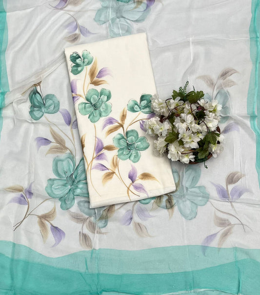 CKC 15 Mul Chanderi Off White With Sea Green Suit Fabric/ CKC Hand Painted Suits