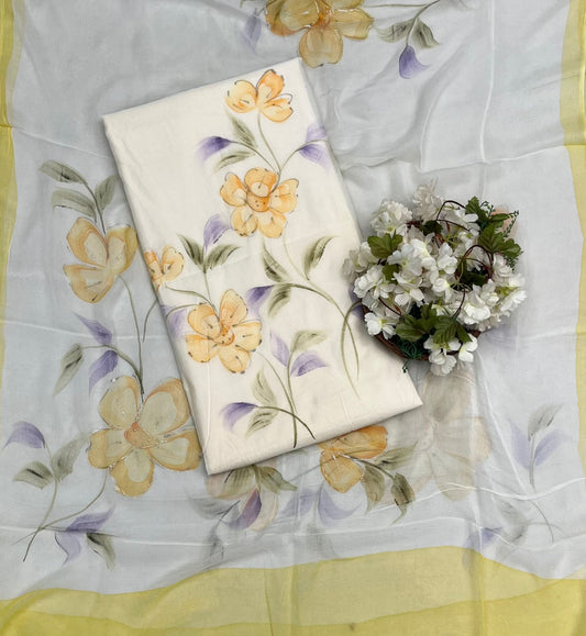CKC 13 Mul Chanderi Off White With Yellow Suit Fabric/ CKC Hand Painted Suits