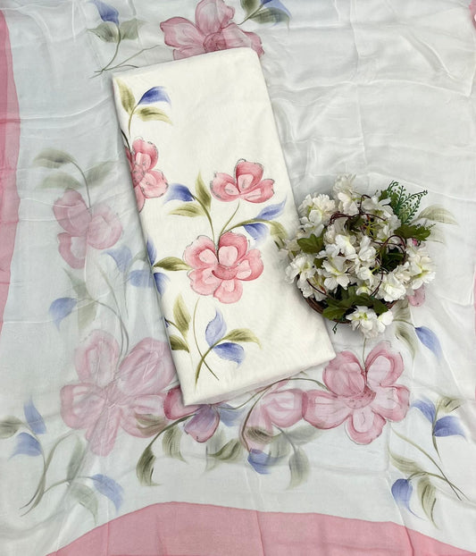 CKC 17 Mul Chanderi Off White With Peach Suit Fabric/ CKC Hand Painted Suits