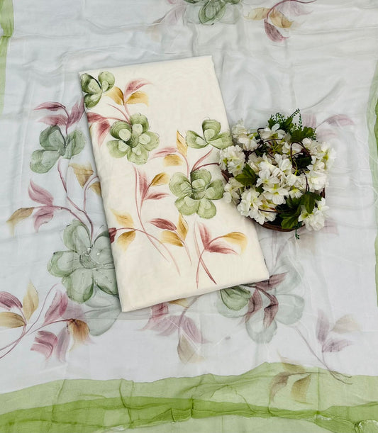 CKC 16 Mul Chanderi Off White With Green Suit Fabric/ CKC Hand Painted Suits