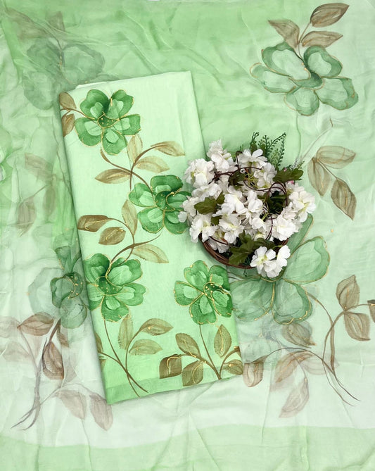 CKC 642 Mul Chanderi Green  Suit Fabric/ CKC Hand Painted Suits