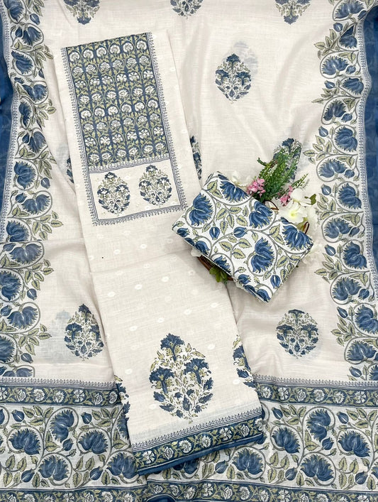CKC 736 Cotton Off White With Navy Blue Suit Fabric / CKC Cotton Bazaar