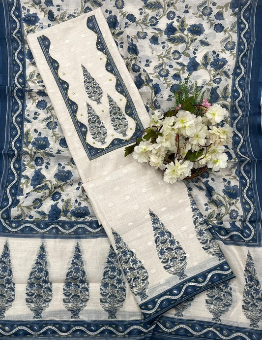 CKC 738 Cotton Off White With Navy Blue Suit Fabric / CKC Cotton Bazaar