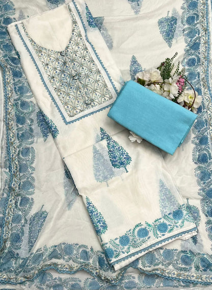 CKC 651 Mul Cotton Off White With Blue suit Fabric/ CKC Mul Cotton