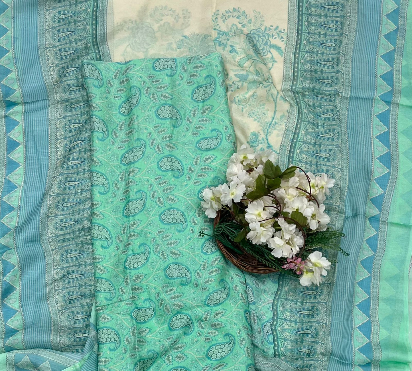 Ckc 27 Chinon Jacquard Sea Green Suit Fabric / CKC Phoolon Ka Ghar