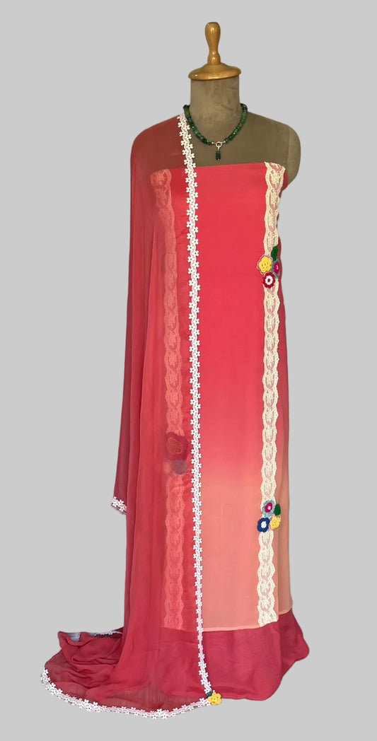 487A Georgette Carrot Red With Peach Suit Fabric / CKC Magic Of Resham 2025