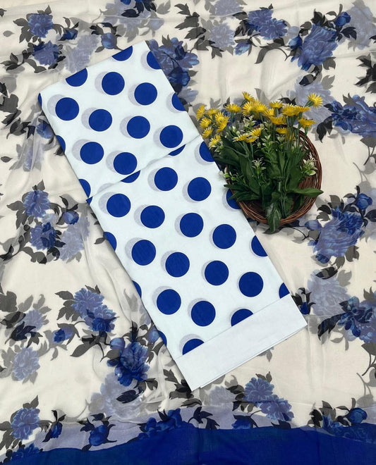 650A Cotton Polka White With Blue Suit Fabric/ CKC Polka Story