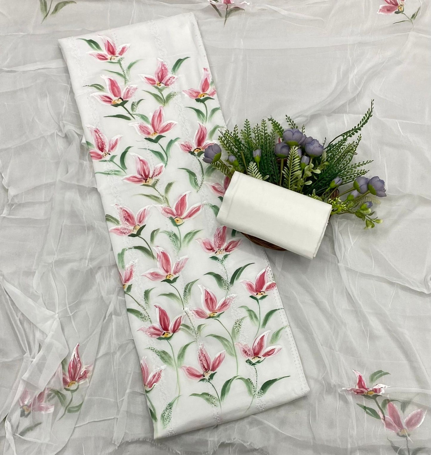 896A Cotton White With Carrot Red Suit Fabric / CKC Cotton Bazaar