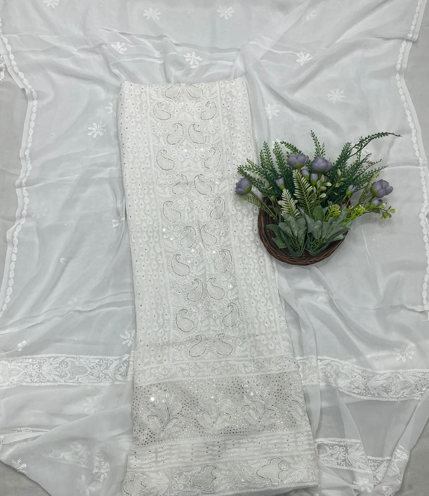 941A Lakhnavi Georgette White Suit Fabric/ CKC Lakhnavi Suits