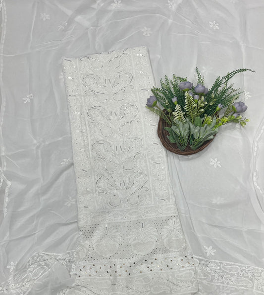 940A Lakhnavi Georgette White Suit Fabric/ CKC Lakhnavi Suits