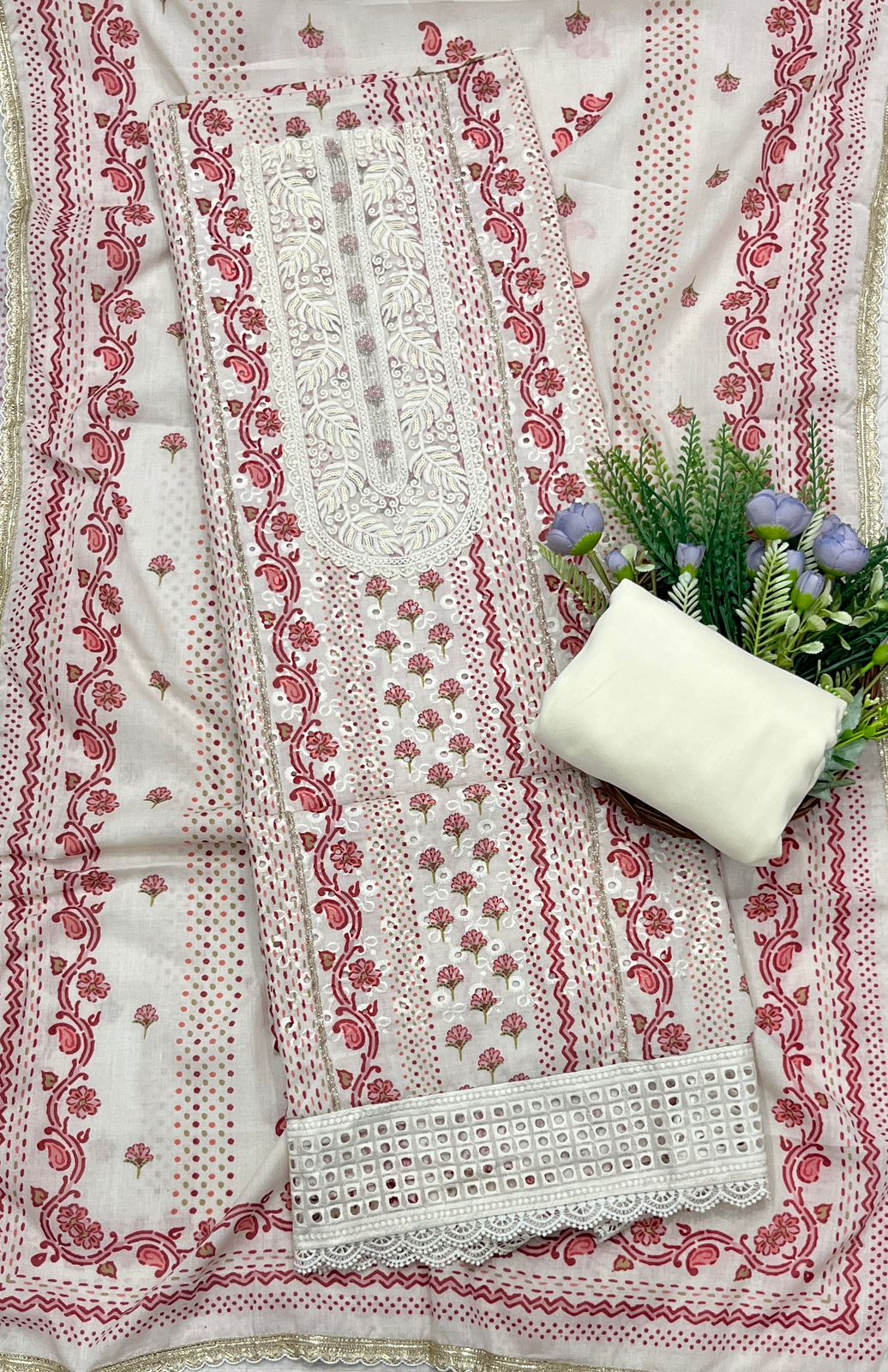 925A Cotton white with Red Suit Fabric / CKC Cotton Bazaar