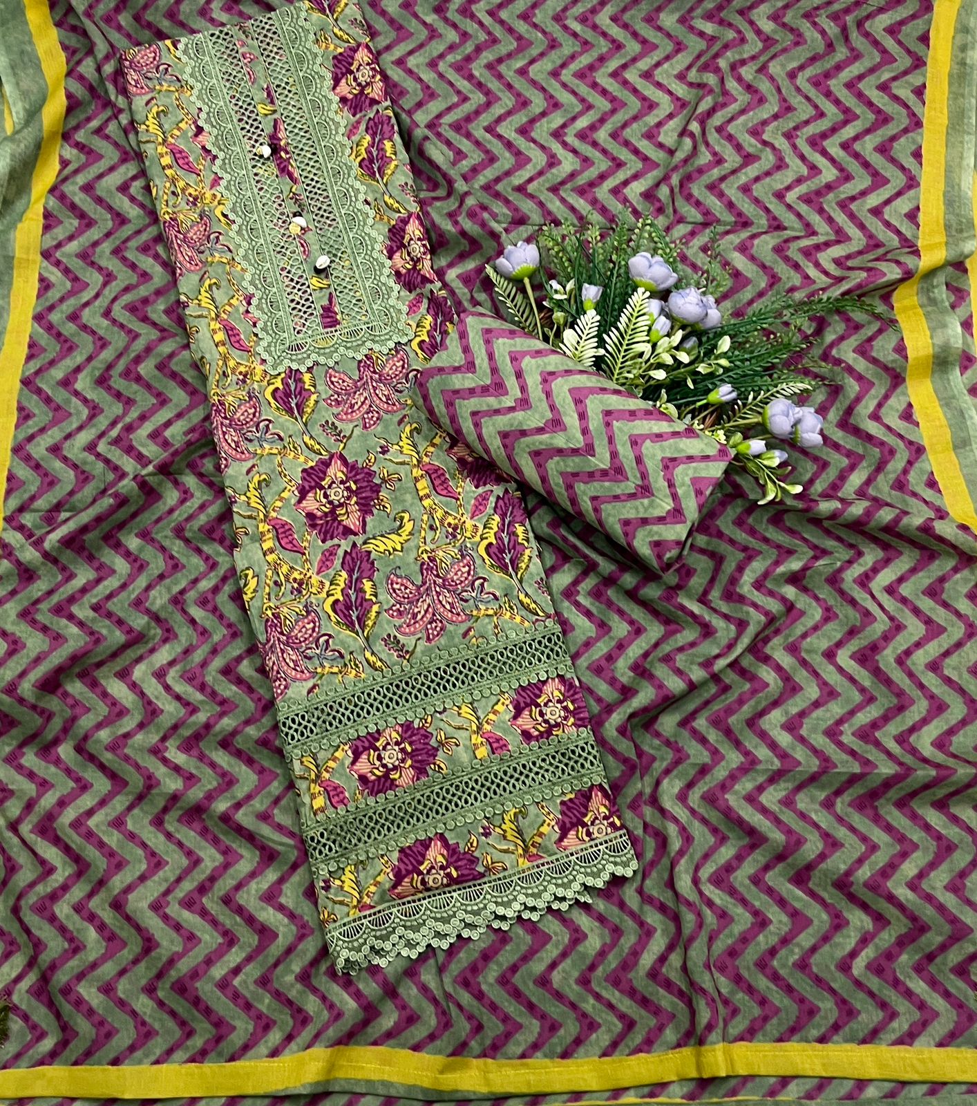 935A Cotton Maroon with yellow Suit Fabric / CKC Cotton Bazaar