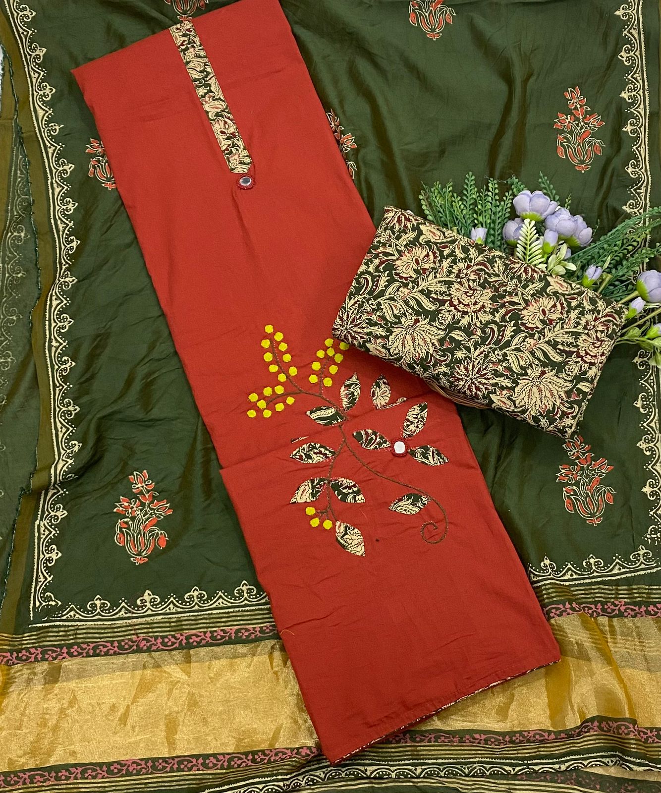 902A Cotton Red with Green Suit Fabric / CKC Cotton Bazaar