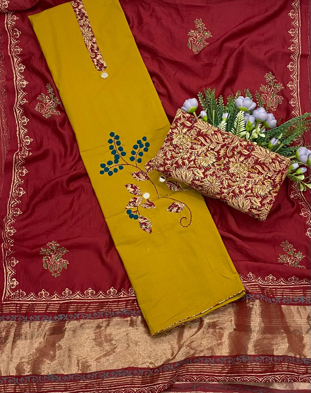 899A Cotton Mustard with Red Suit Fabric / CKC Cotton Bazaar