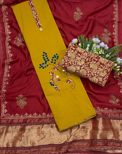 899A Cotton Mustard with Red Suit Fabric / CKC Cotton Bazaar