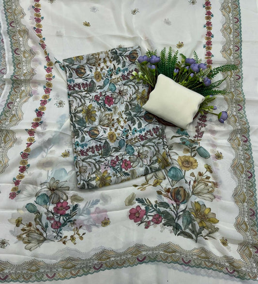 975A Georgette Cream with flowers Suit Fabric / CKC Georgette Suits