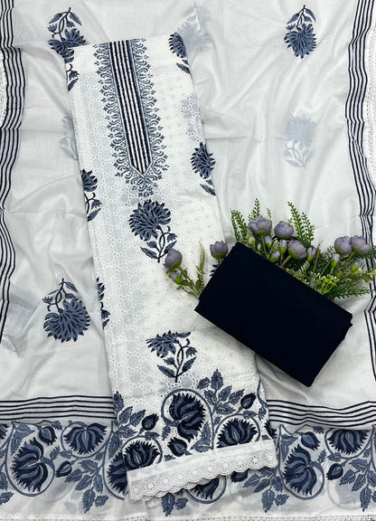 21B Cotton White With Navy Blue Suit Fabric / CKC Cotton Bazaar