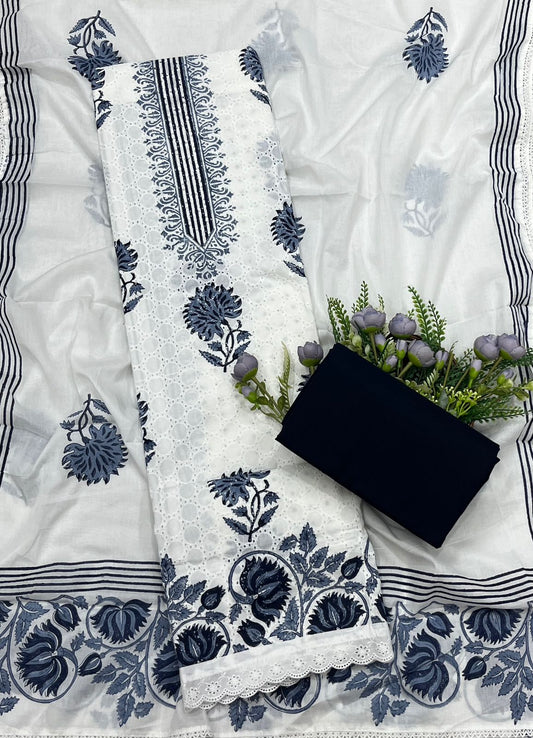 21B Cotton White With Navy Blue Suit Fabric / CKC Cotton Bazaar