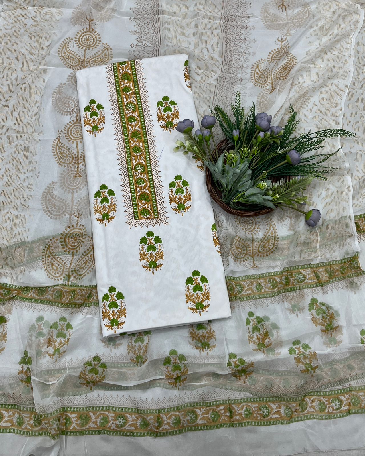 24B Cotton White With Mehndi Green Suit Fabric / CKC Cotton Bazaar
