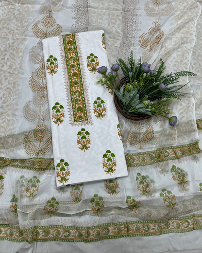 24B Cotton White With Mehndi Green Suit Fabric / CKC Cotton Bazaar