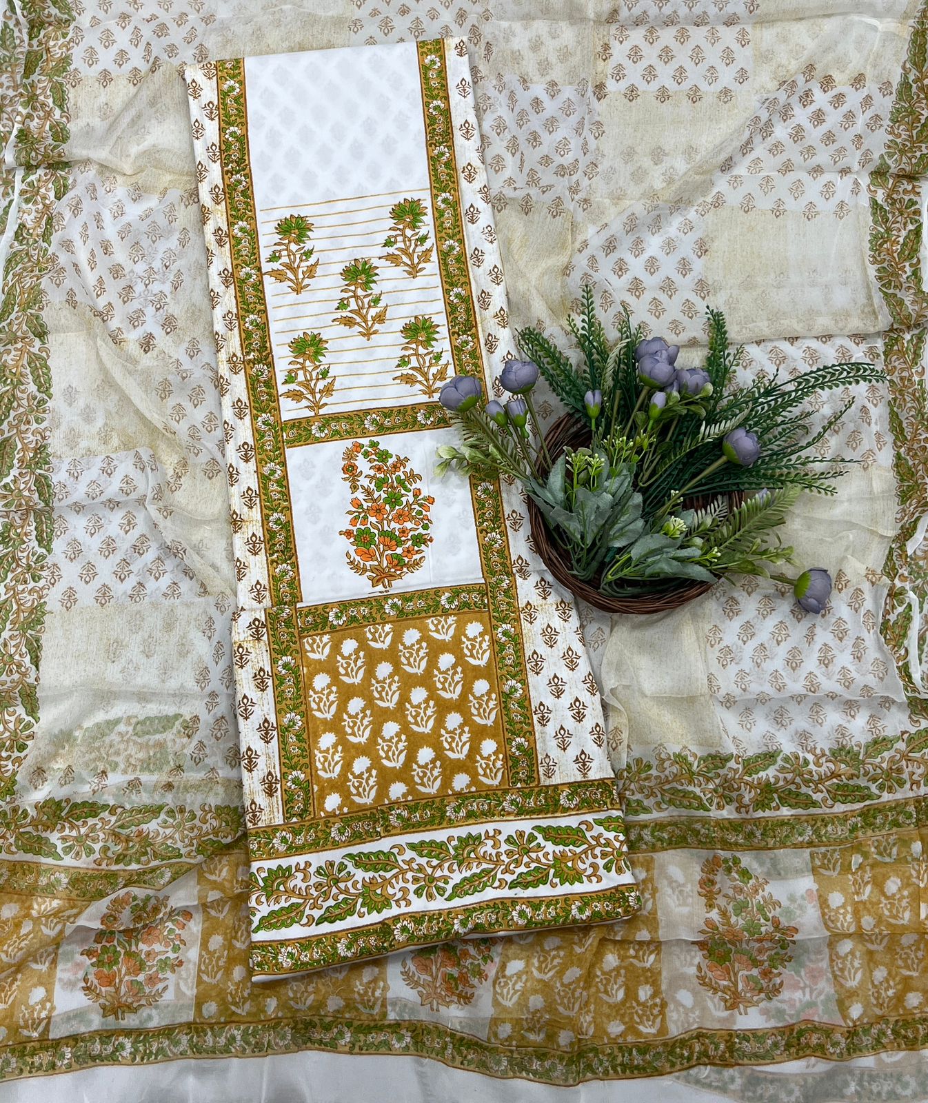 22B Cotton White With Mustard Color Suit Fabric / CKC Cotton Bazaar