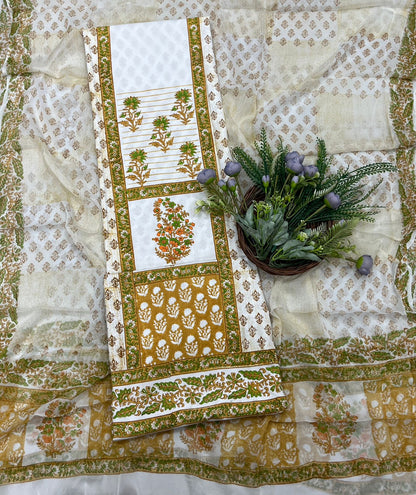 22B Cotton White With Mustard Color Suit Fabric / CKC Cotton Bazaar