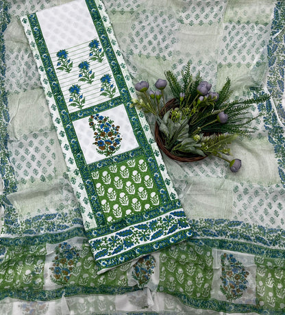 23B Cotton White With Green Color Suit Fabric / CKC Cotton Bazaar