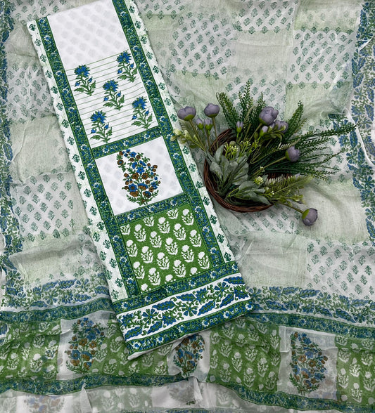 23B Cotton White With Green Color Suit Fabric / CKC Cotton Bazaar