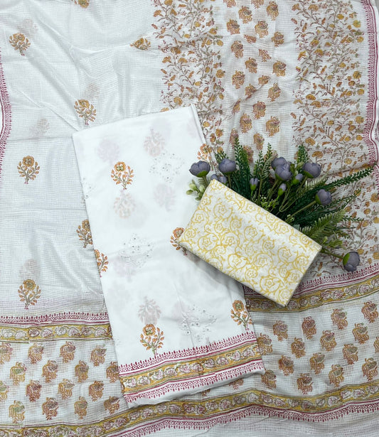 9B Cotton White With Yellow Color Suit Fabric / CKC Cotton Bazaar