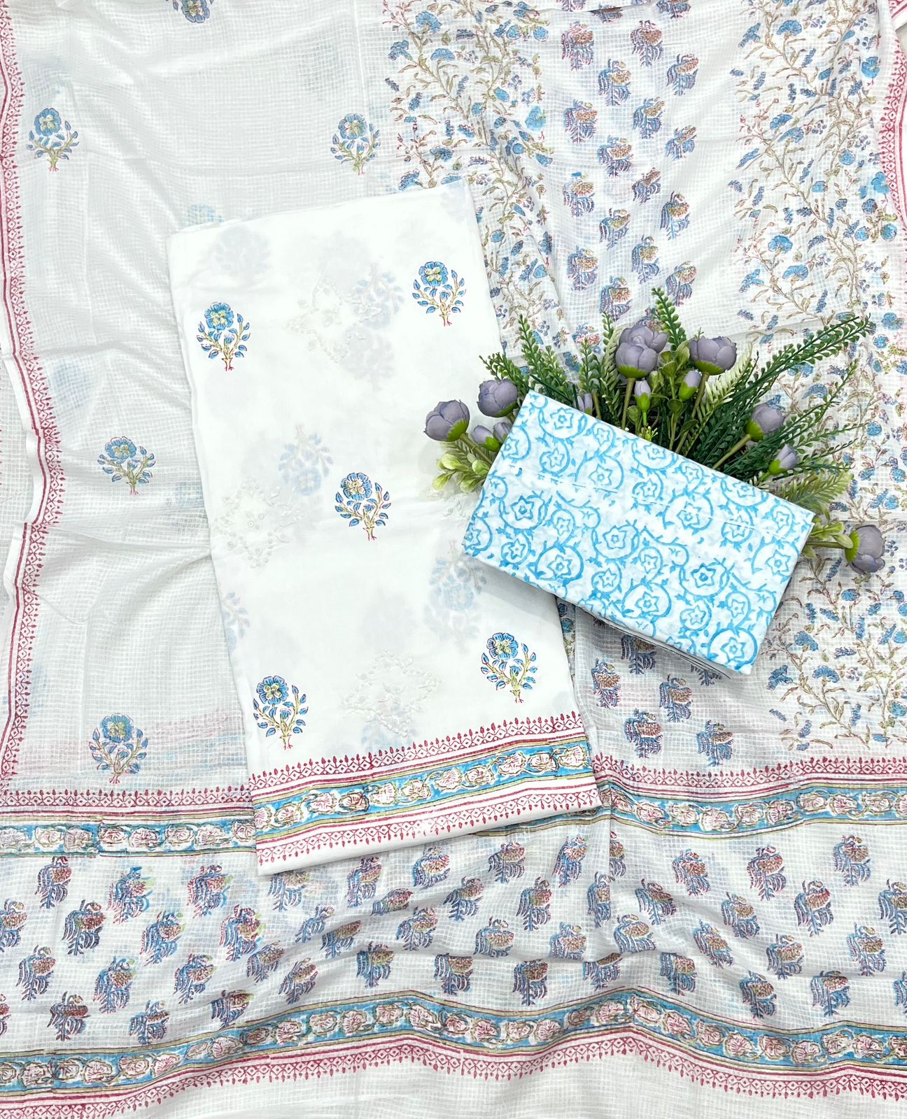 8B Cotton White With Sky Blue Color Suit Fabric / CKC Cotton Bazaar