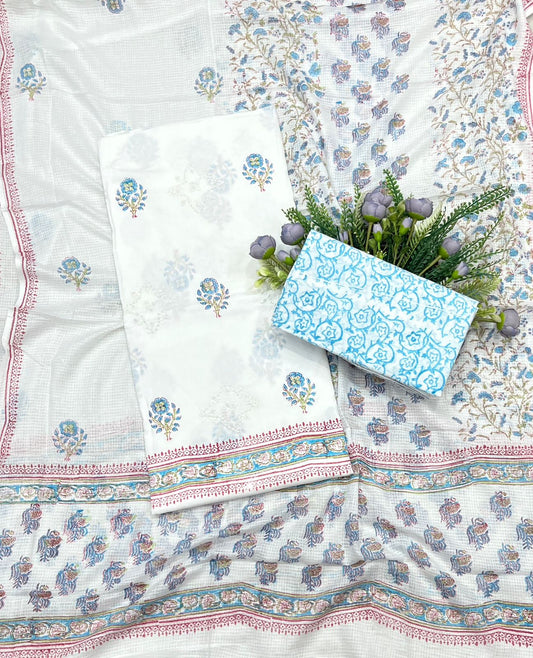 8B Cotton White With Sky Blue Color Suit Fabric / CKC Cotton Bazaar