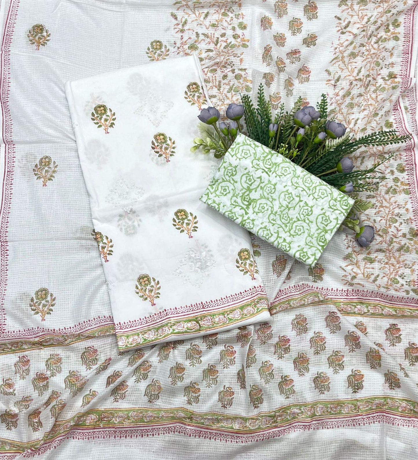 7B Cotton White With Green Color Suit Fabric / CKC Cotton Bazaar