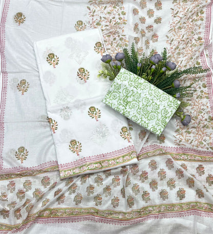 7B Cotton White With Green Color Suit Fabric / CKC Cotton Bazaar