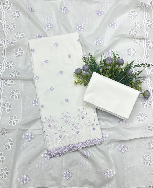 40B Cotton White With Lilac Color Suit Fabric / CKC Cotton Bazaar